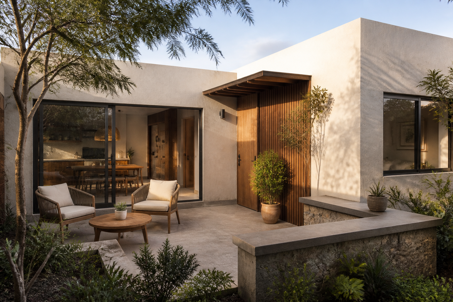 Ilustración generada de una vivienda con patio y vegetación